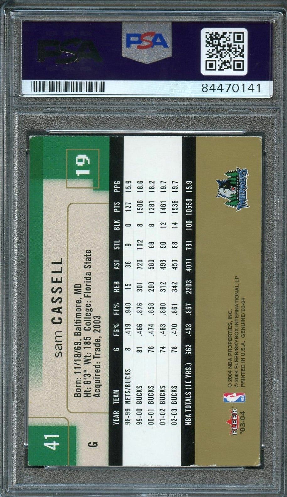 2003-04 Fleer Genuine #41 Sam Cassell Signed Card AUTO PSA Slabbed Minnesota Tim