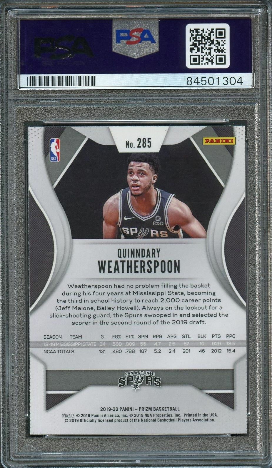 2019 Panini Prizm #285 Quinndary Weatherspoon Signed Card AUTO PSA/DNA Slabbed R