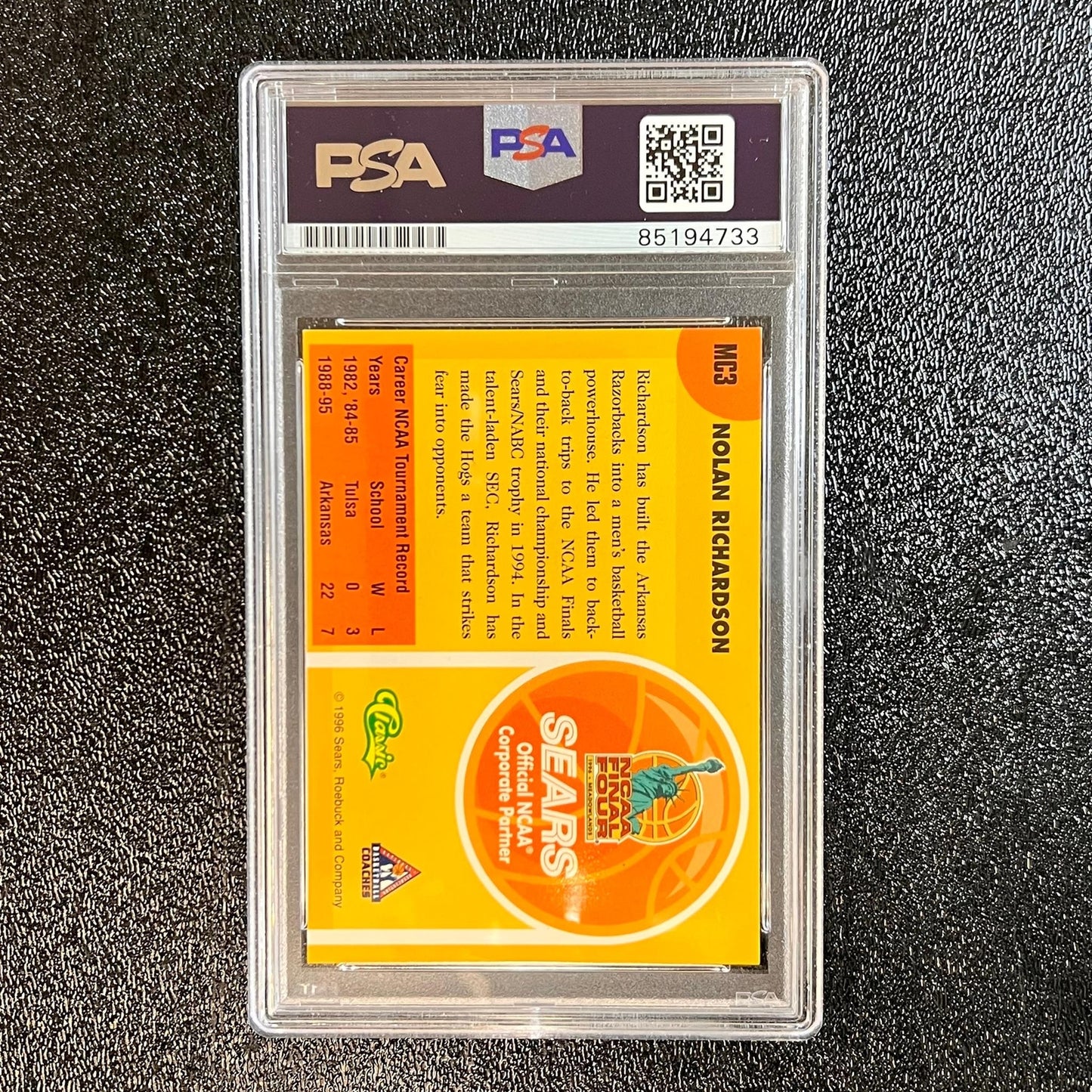 1995-96 Classic NCAA Final Four #MC3 Nolan Richardson Signed Card AUTO 10 PSA Sl