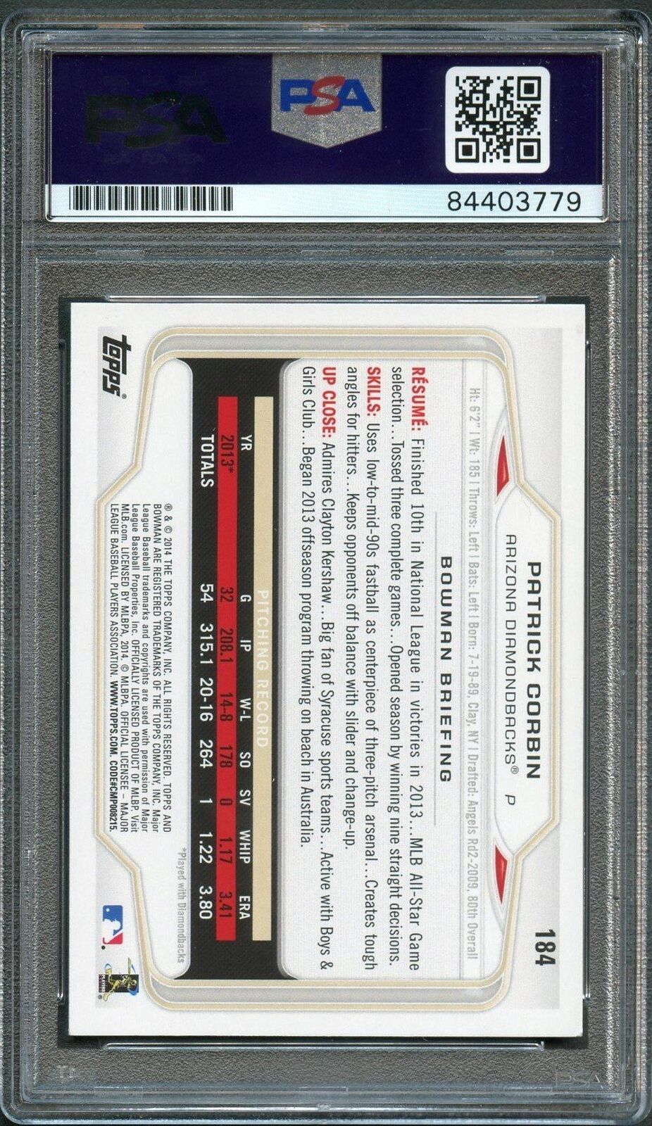 2014 Bowman #184 Patrick Corbin Signed Card PSA Slabbed Auto Dbacks