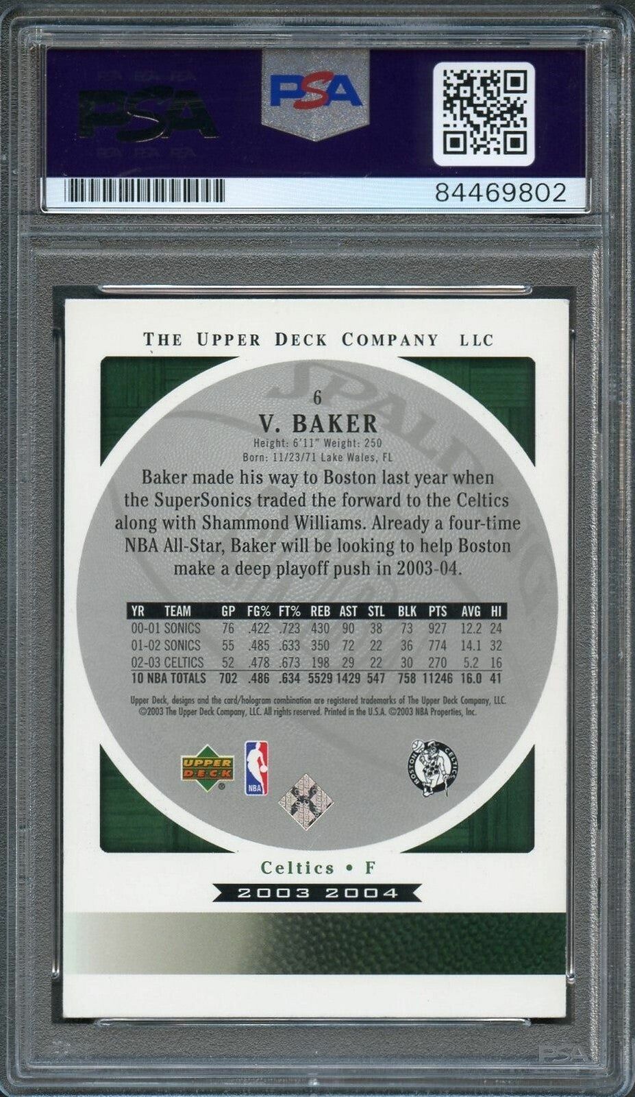 2003-04 Upper Deck Standing O #6 Vin Baker Signed Card AUTO PSA/DNA Slabbed Celt