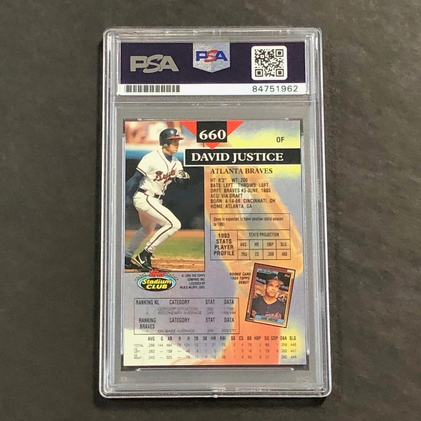 1993 Topps Stadium Club #660 David Justice Signed Card AUTO PSA Slabbed Braves