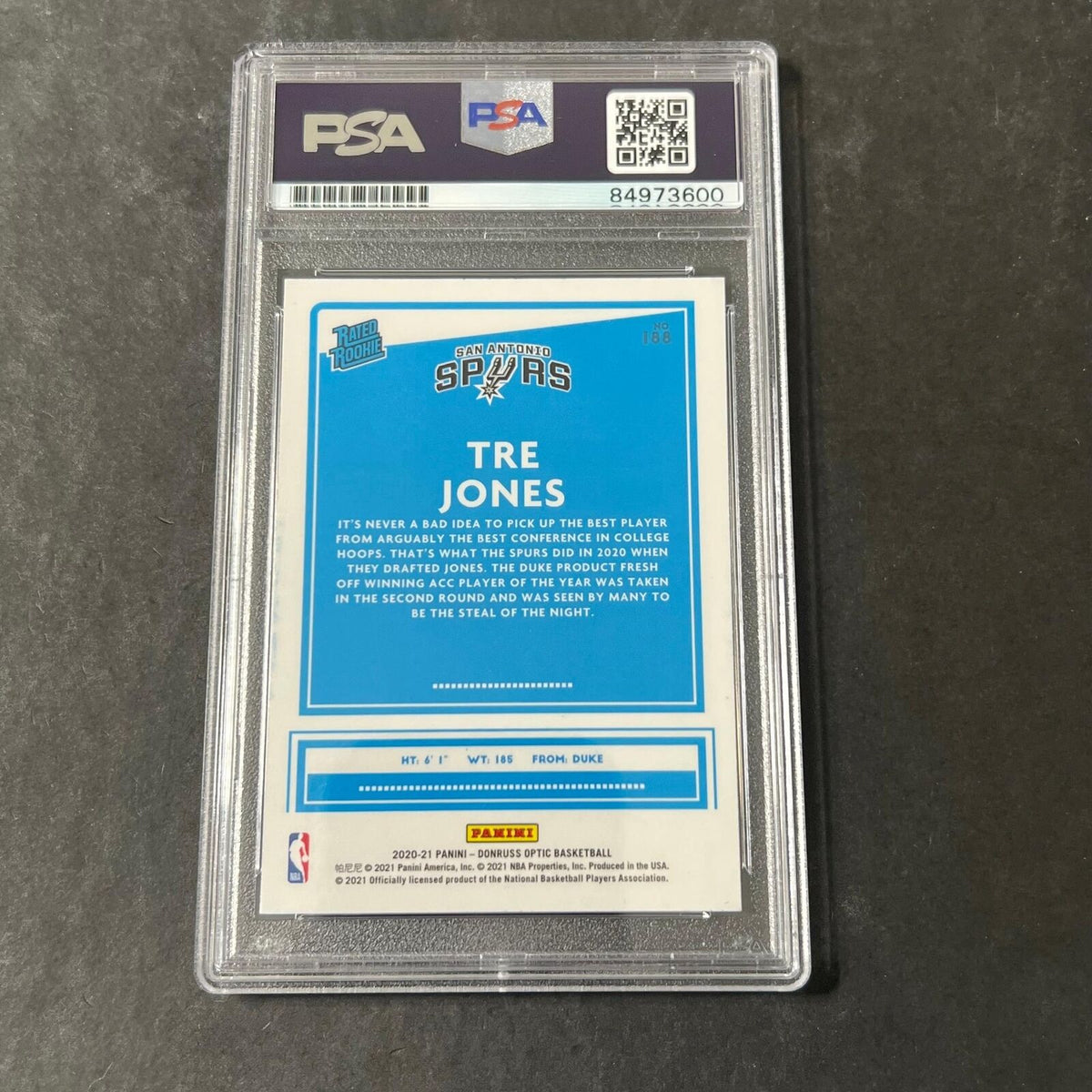 2020-2021 Panini Donruss Optic #186 Tre Jones Signed Card AUTO PSA/DNA Slabbed R