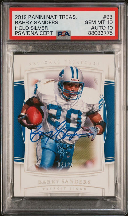 2019 Panini National Treasures Holo Silver #93 Barry Sanders Signed Card PSA 10