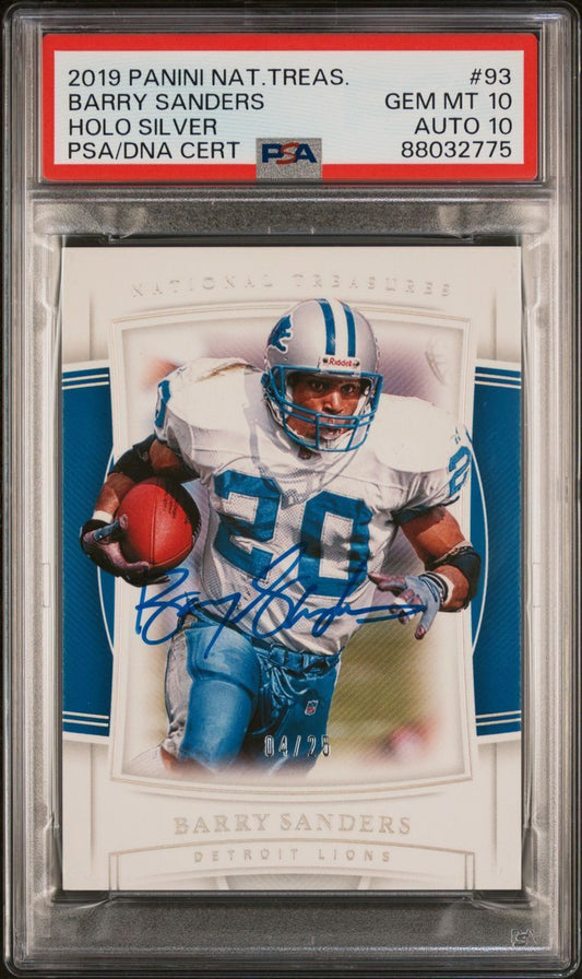 2019 Panini National Treasures Holo Silver #93 Barry Sanders Signed Card PSA 10