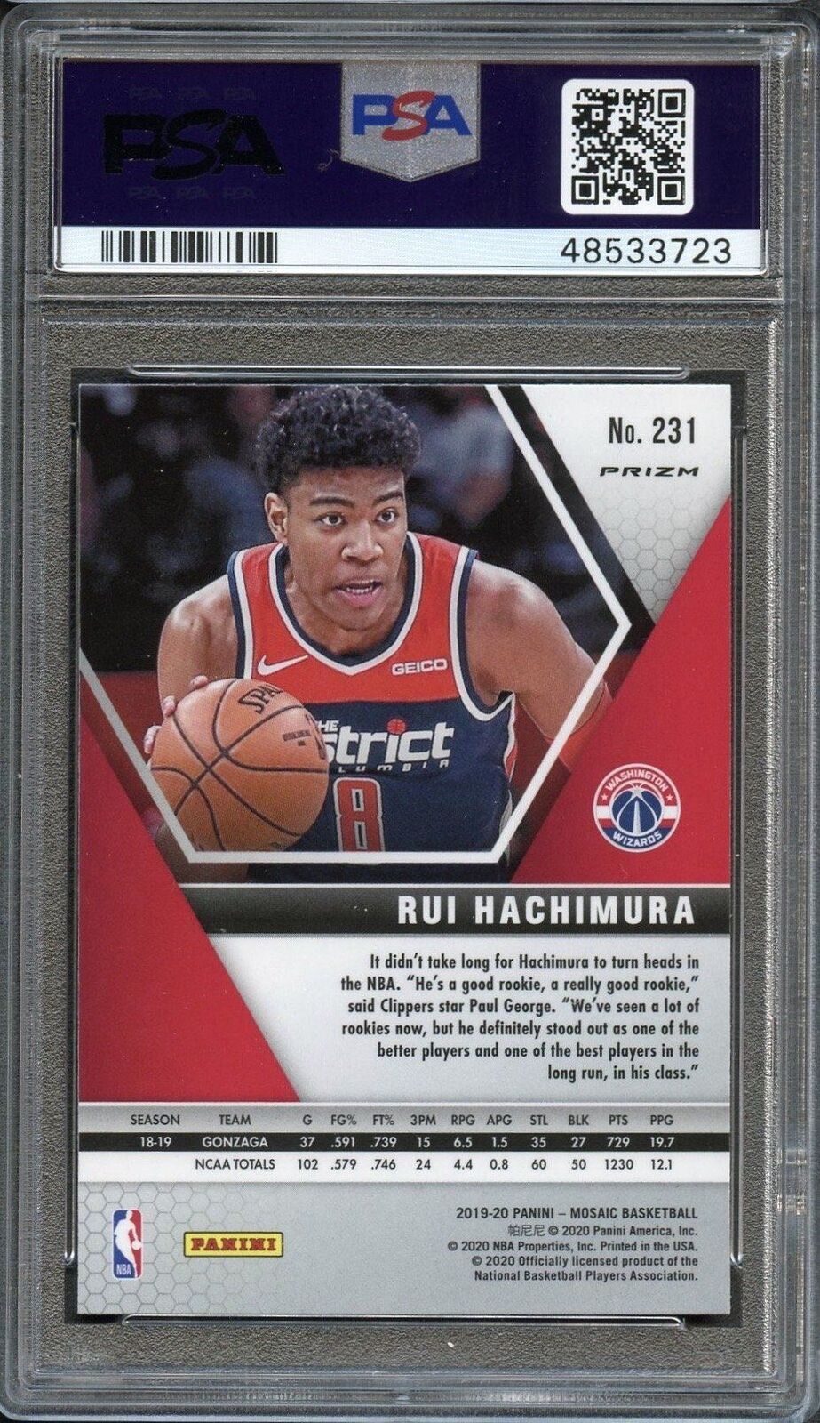 2019 Panini Mosaic #231 Rui Hachimura Pink Camo PSA 10 Gem Mint RC