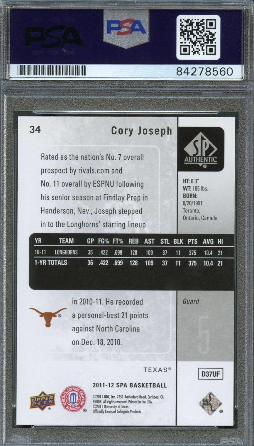 2011 Upper Deck SP Authentic #34 Cory Joseph Signed Card AUTO PSA Slabbed Texas