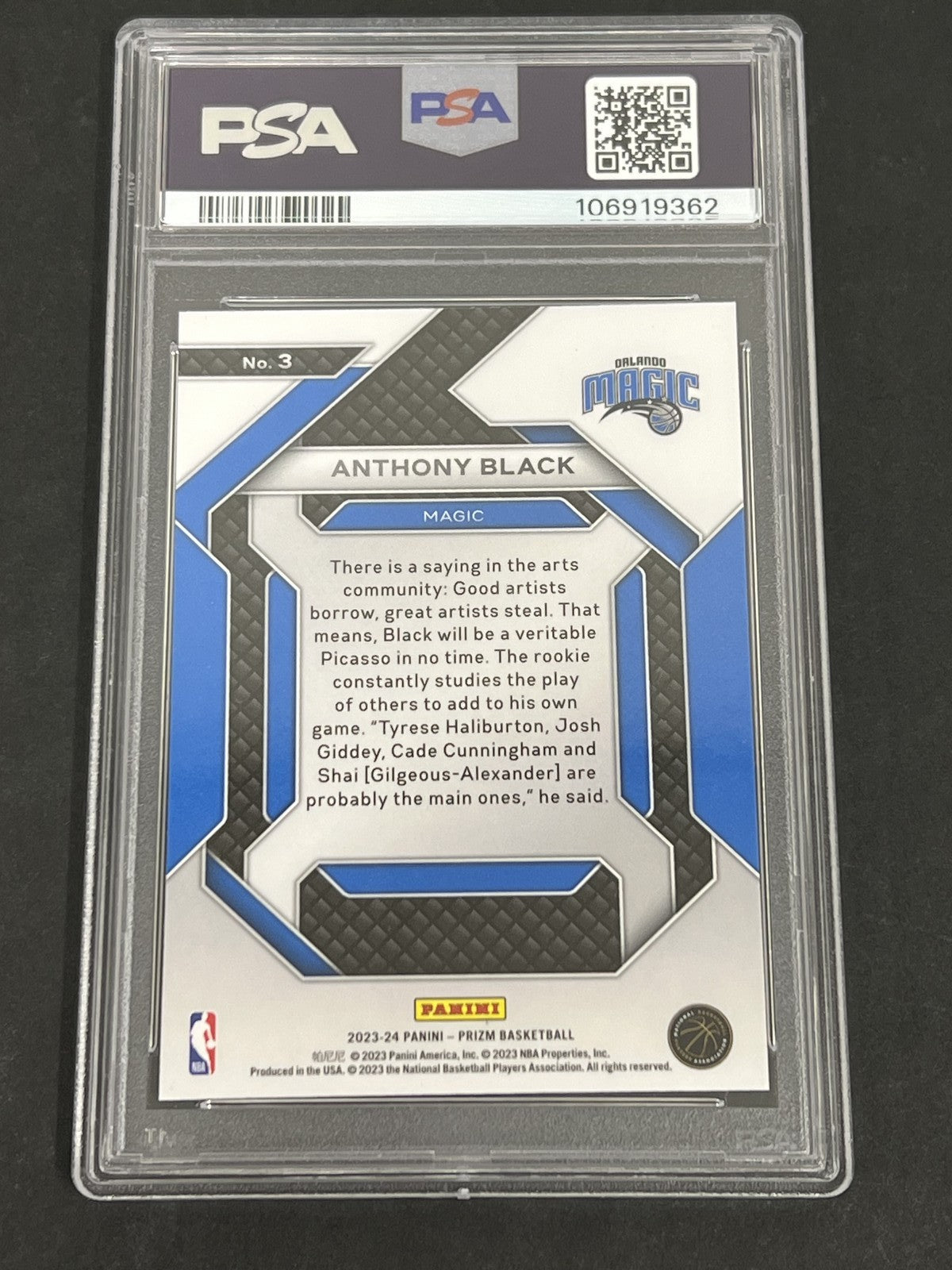 2023 Panini Prizm Emergent #3 Anthony Black signed card PSA 9 Auto A Magic