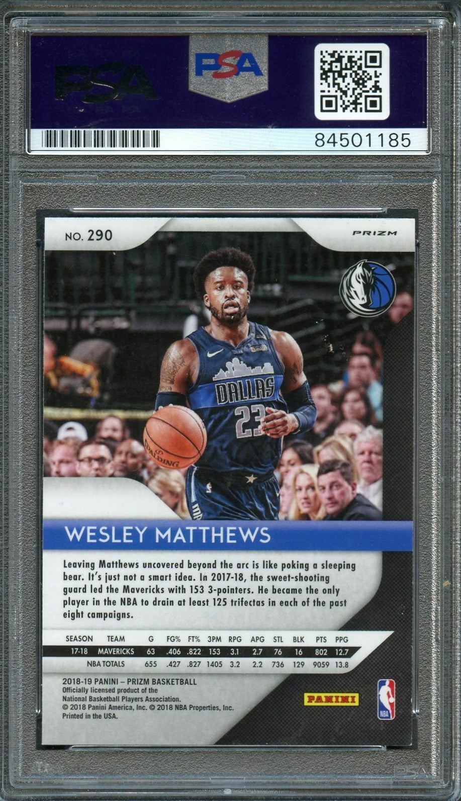 2018-19 Prizm Red White & Blue #290 Wesley Matthews Signed Card AUTO PSA Slabbed