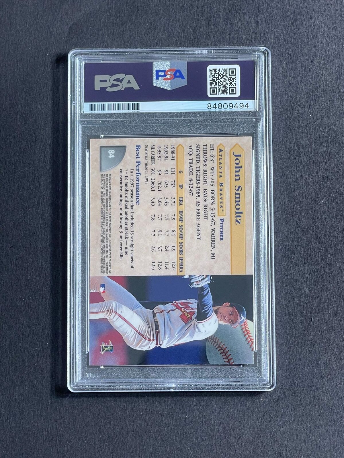 1998 Topps Bowman's Best #84 John Smoltz Signed Card PSA Slabbed Braves