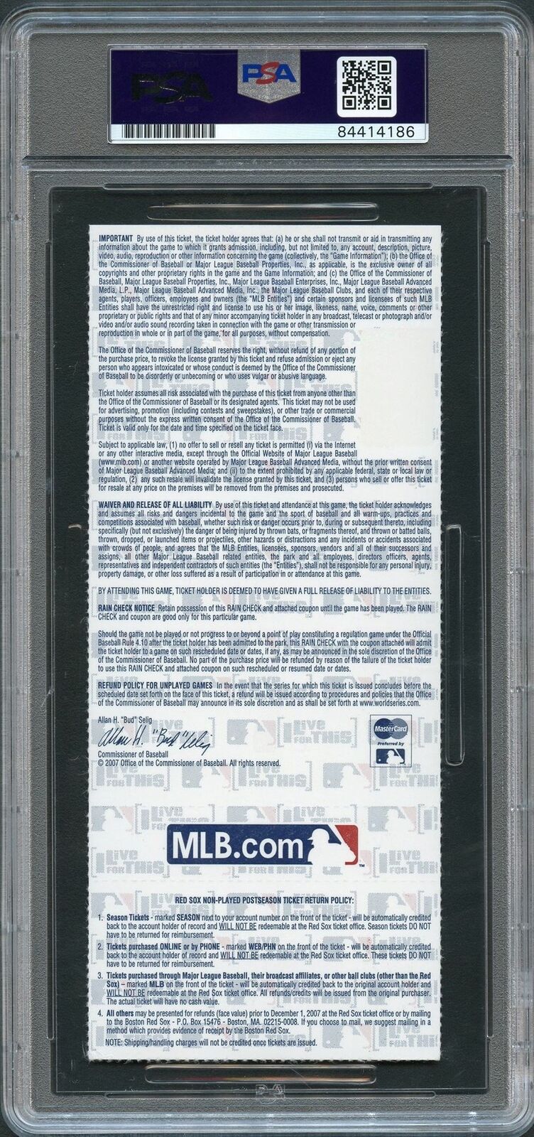 Dustin Pedroia 2007 WORLD SERIES Game 2 Signed Ticket PSA Slabbed Auto Grade 10