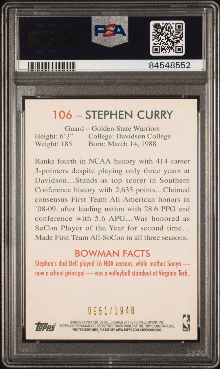 2009 Bowman '48 #106 Stephen Curry Signed Rookie Card PSA 7 AUTO 10 PSA Slabbed