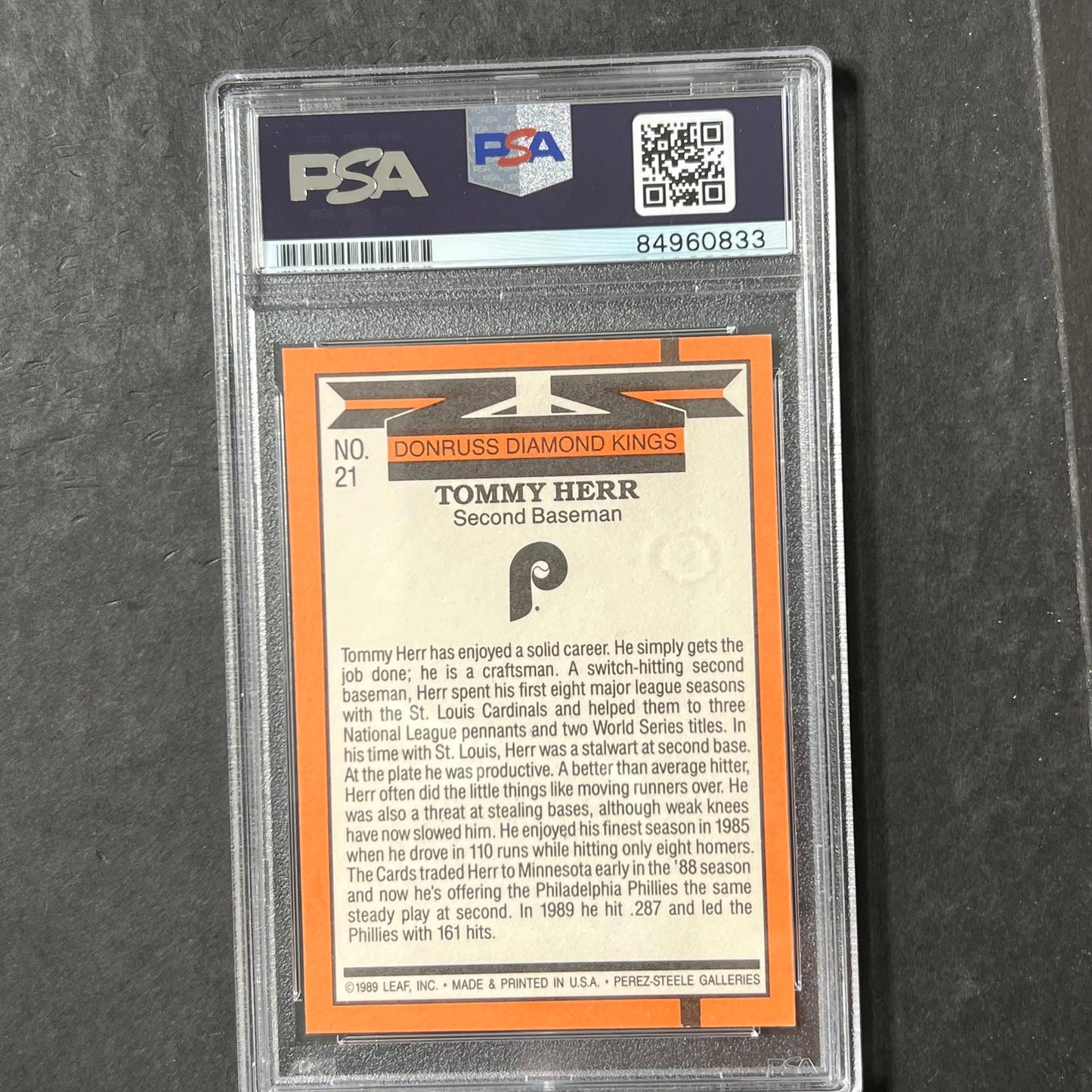 1989 Donruss Diamond Kings #21 Tom Herr Signed Card PSA Slabbed AUTO Phillies
