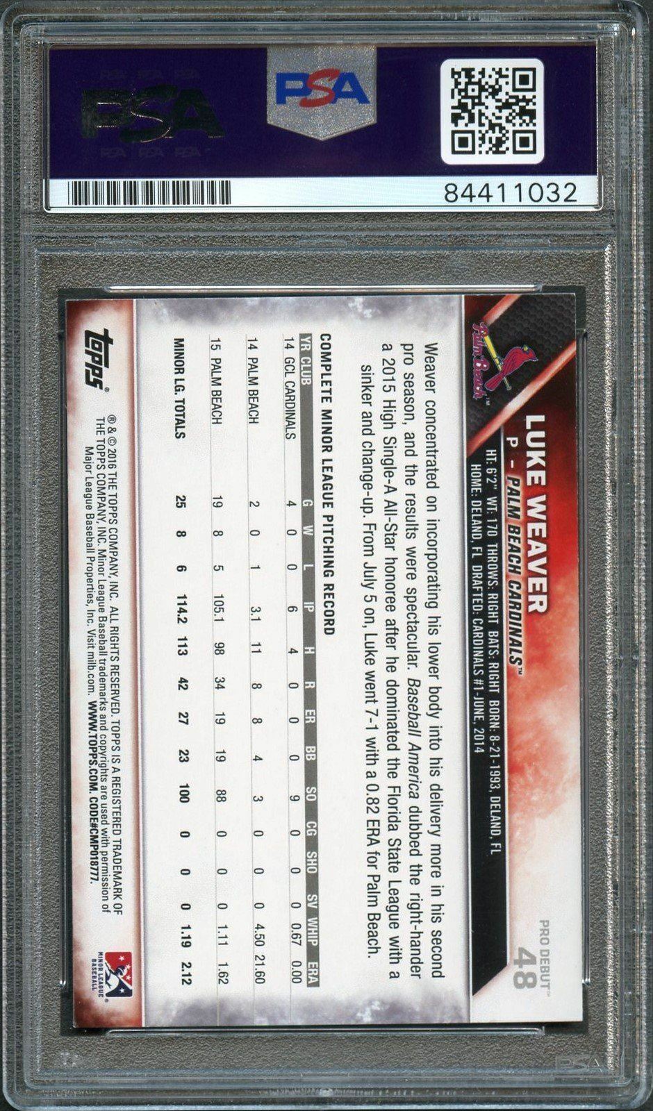 2016 Topps Pro Debut #48 Luke Weaver Signed Card PSA Slabbed Auto Grade 10 Cardi