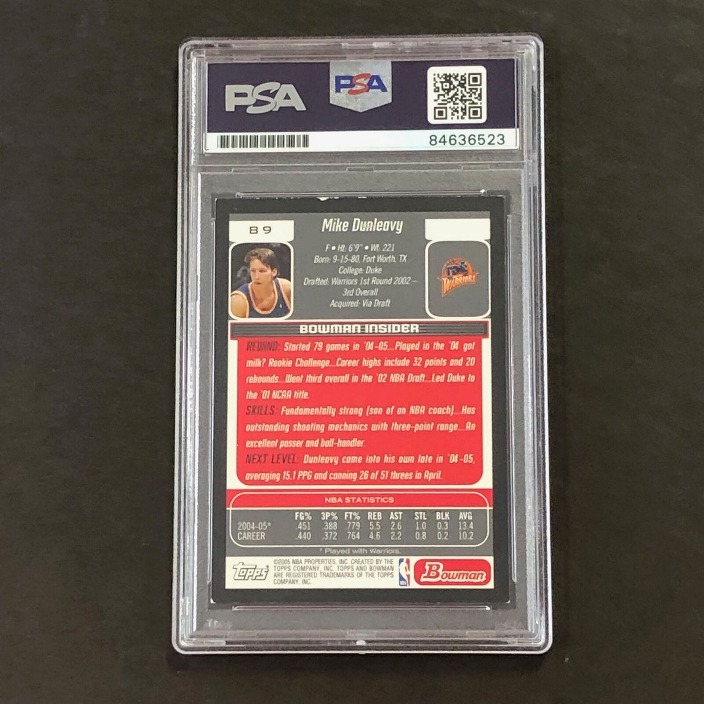 2004-05 Bowman #89 Mike Dunleavy Signed Card AUTO PSA Warriors