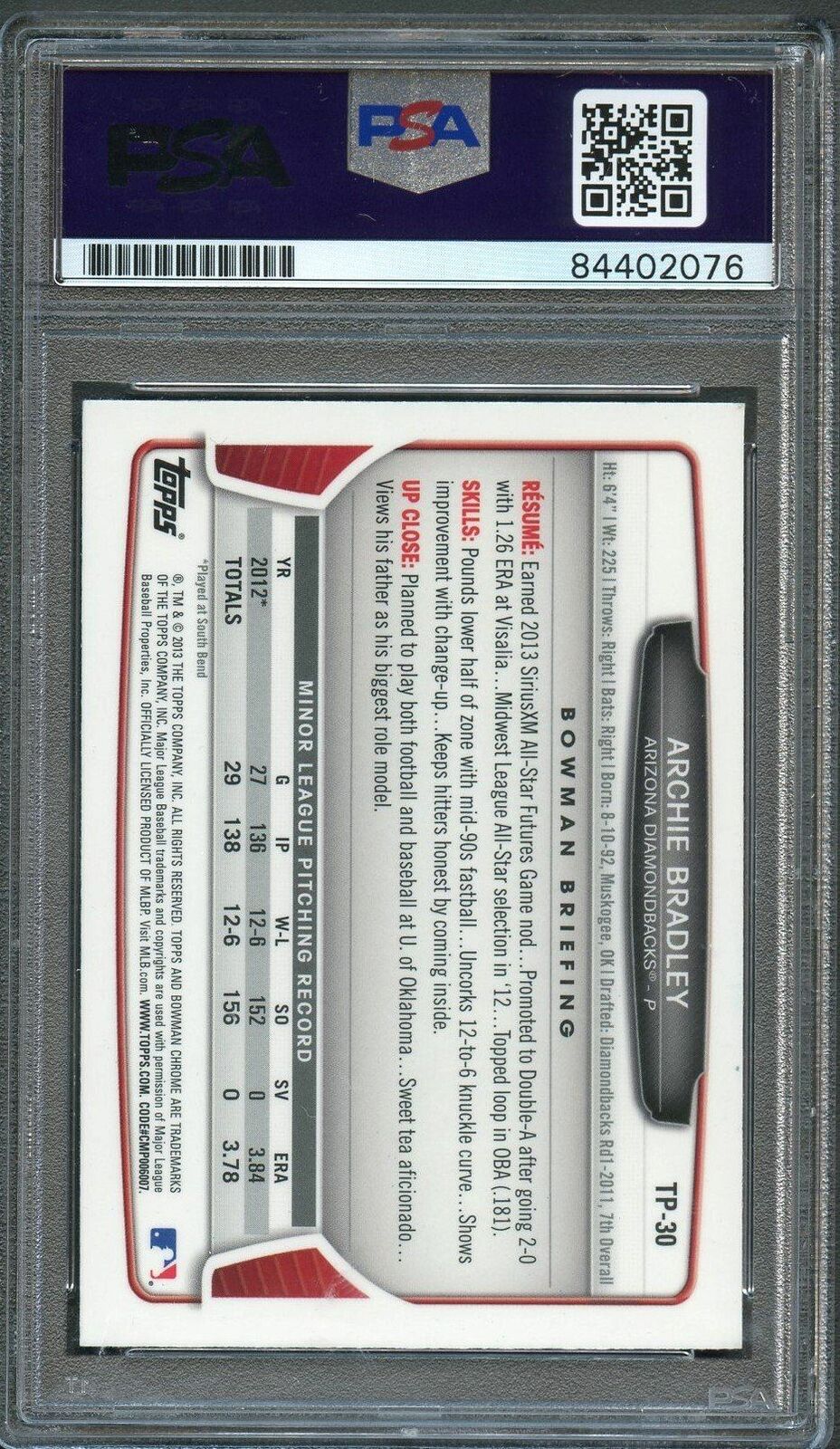 2013 Bowman Draft Chrome #TP30 Archie Bradley Signed Card PSA Slabbed Auto Rooki