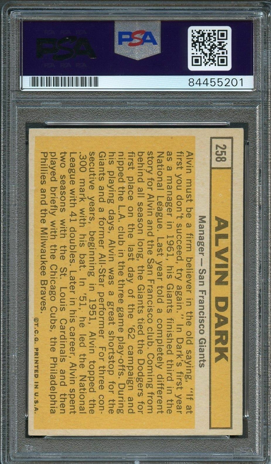 1963 Topps Set Break #258 Alvin Dark Signed Score Card PSA Slabbed Auto Giants