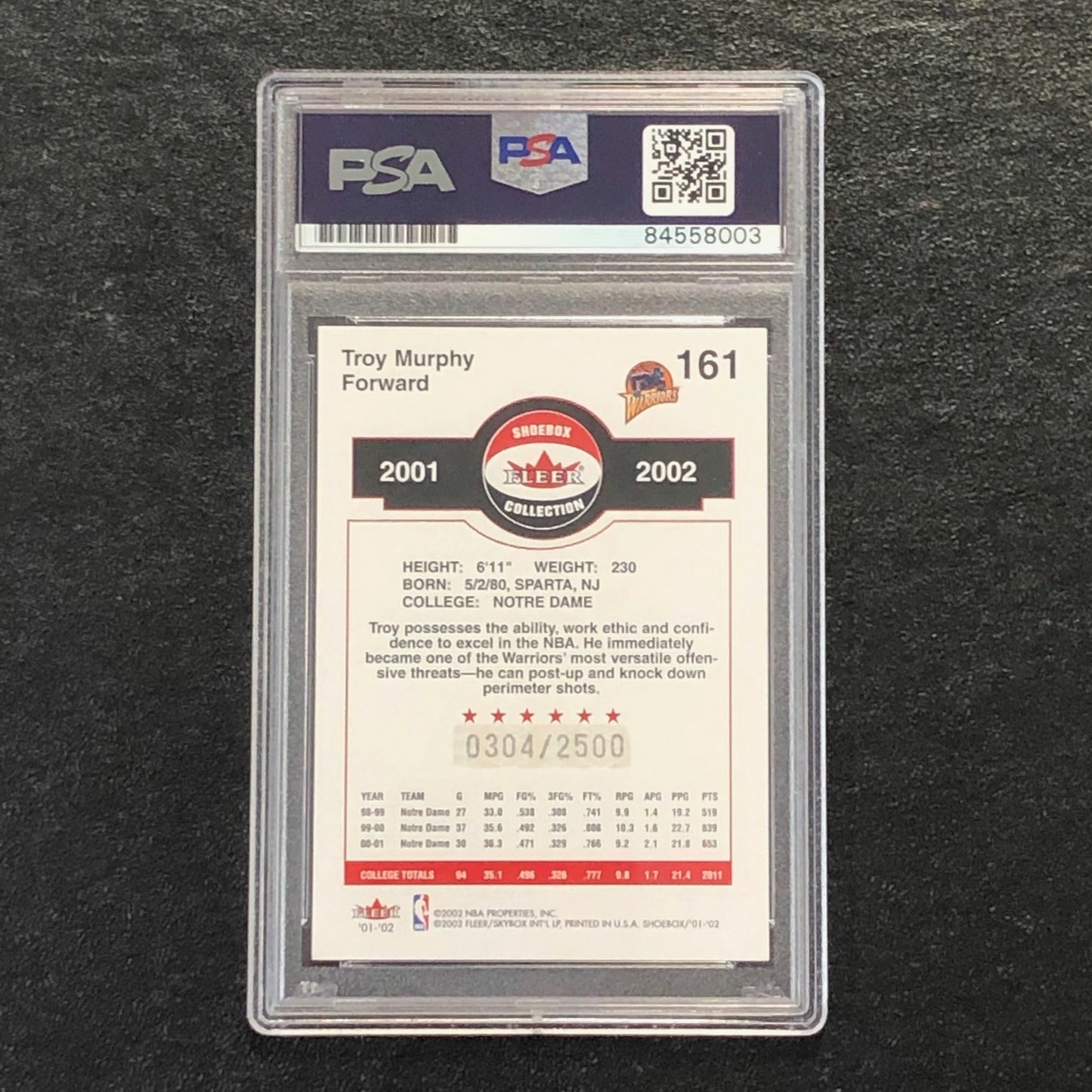 2001-02 Fleer Shoebox Collection #161 Troy Murphy Signed Card AUTO PSA Slabbed W