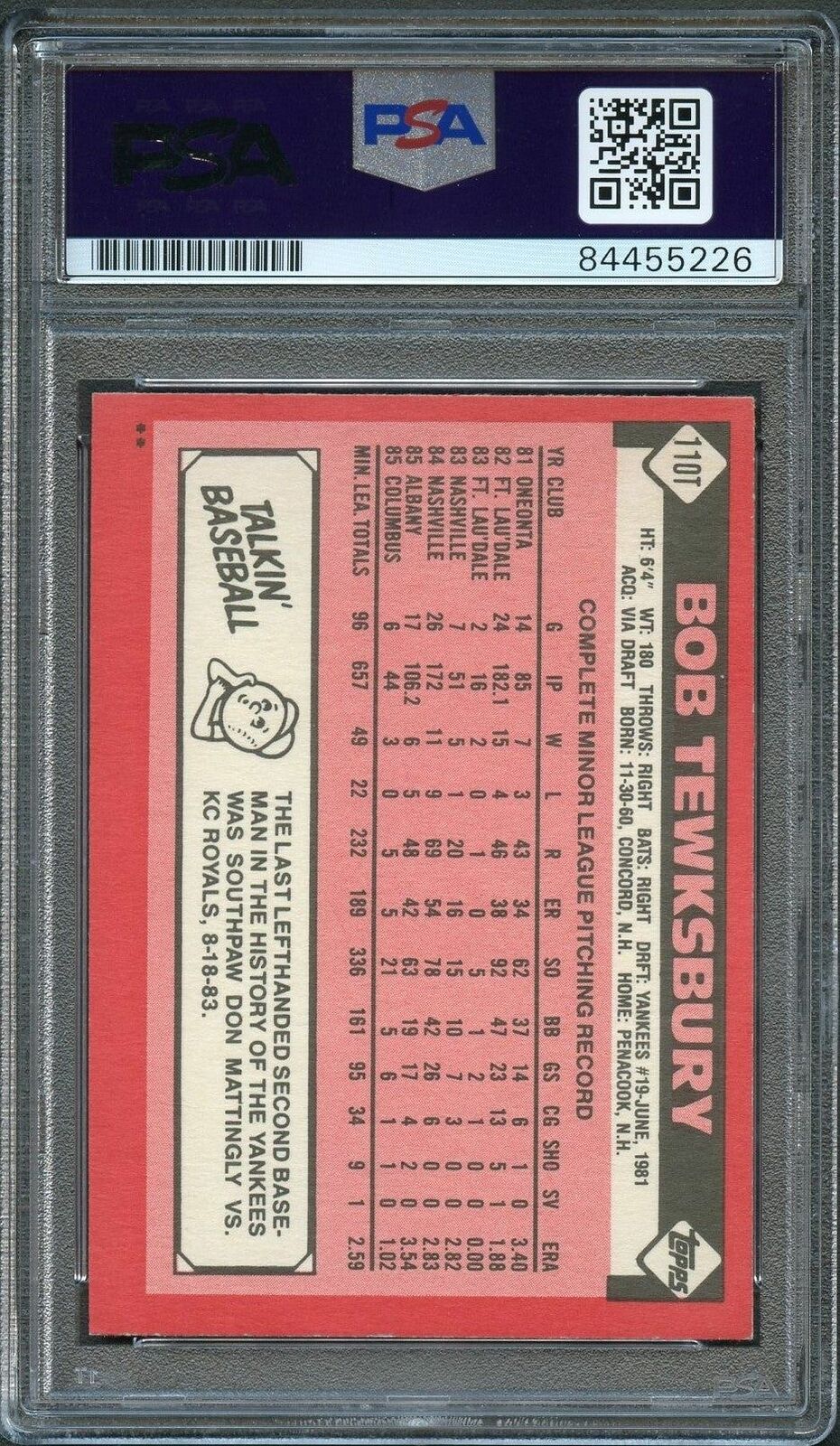 1986 Topps Traded #110T Bob Tewksbury Signed Card PSA Slabbed Auto Yankees