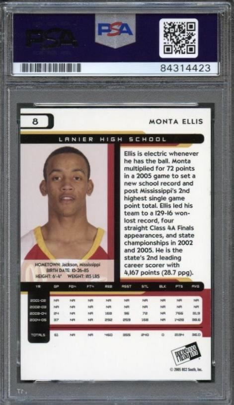 2005 Press Pass #8 MONTA ELLIS Signed Card AUTO PSA Slabbed Warriors