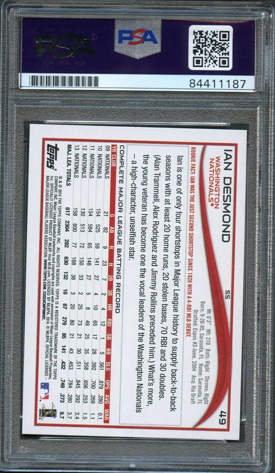 2014 Topps Opening Day #49 Ian Desmond Signed Card PSA Slabbed Auto 10 Nationals