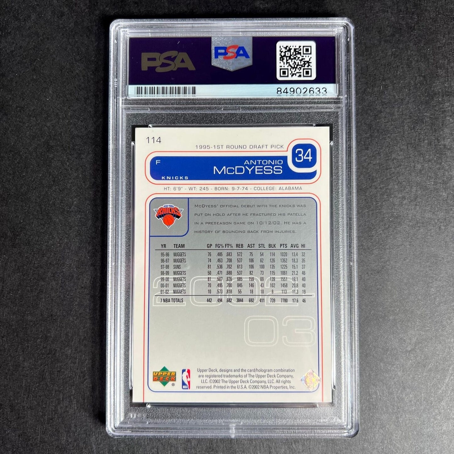 2002-03 Upper Deck #114 Antonio McDyess Signed Card AUTO PSA Slabbed Knicks