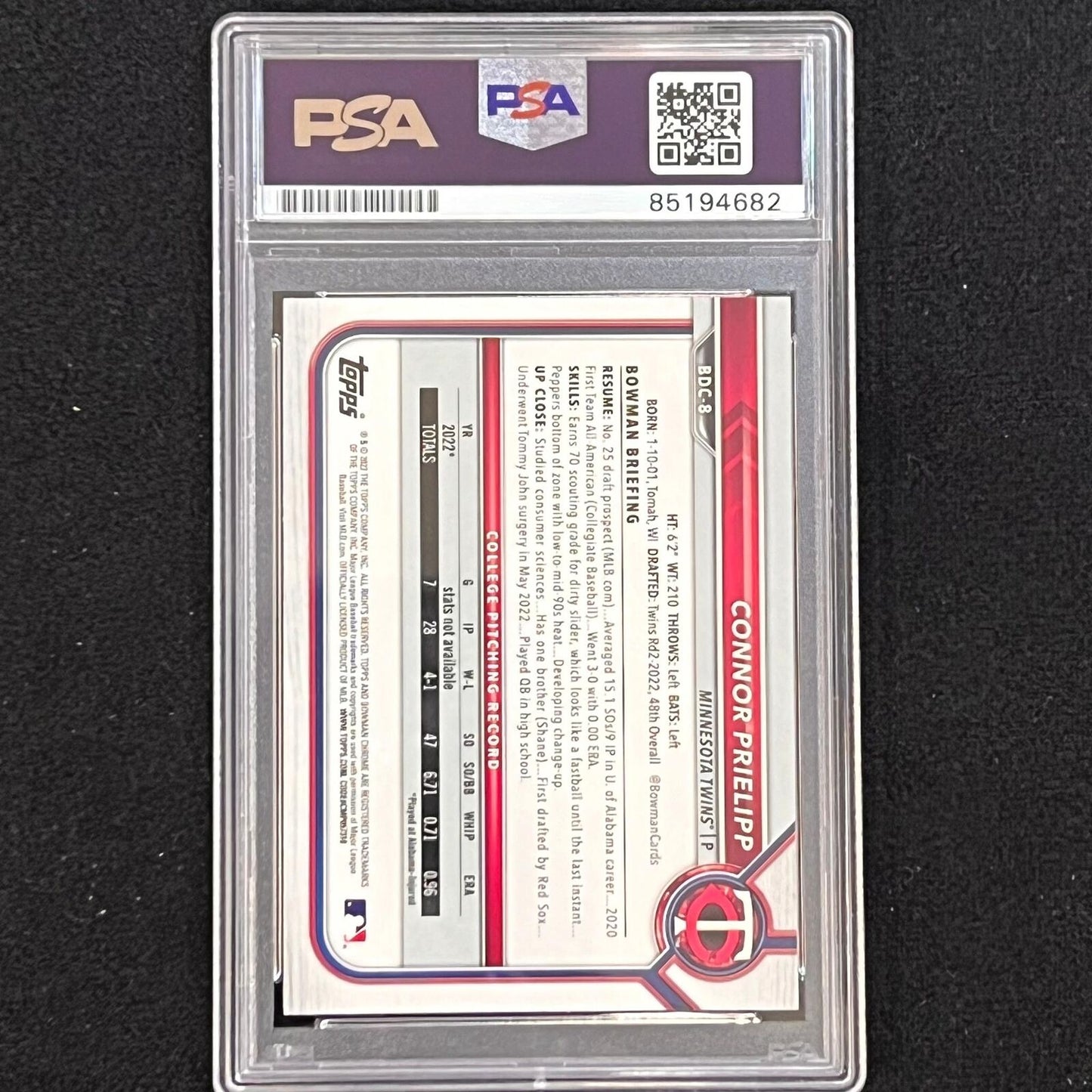 2021 Bowman Chrome #BDC-8 Connor Prielipp Signed Card PSA Auto 10 Slabbed Twins