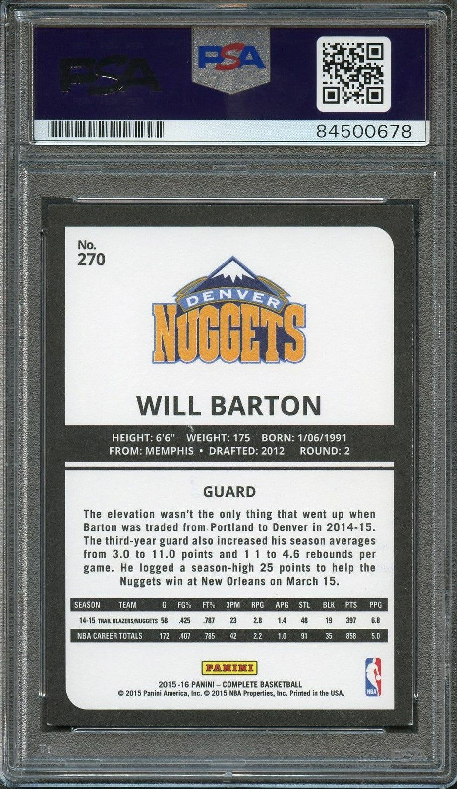 2015-16 Panini Complete #270 Will Barton Signed Card AUTO 10 PSA Slabbed Nuggets