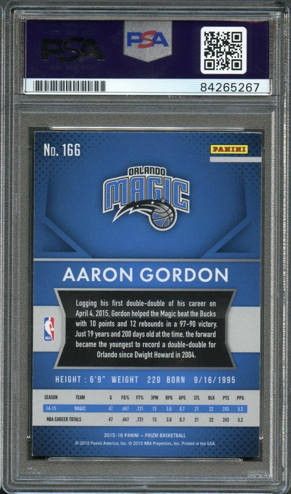 2015 Panini Prizm #166 Aaron Gordon Signed Card AUTO PSA Slabbed