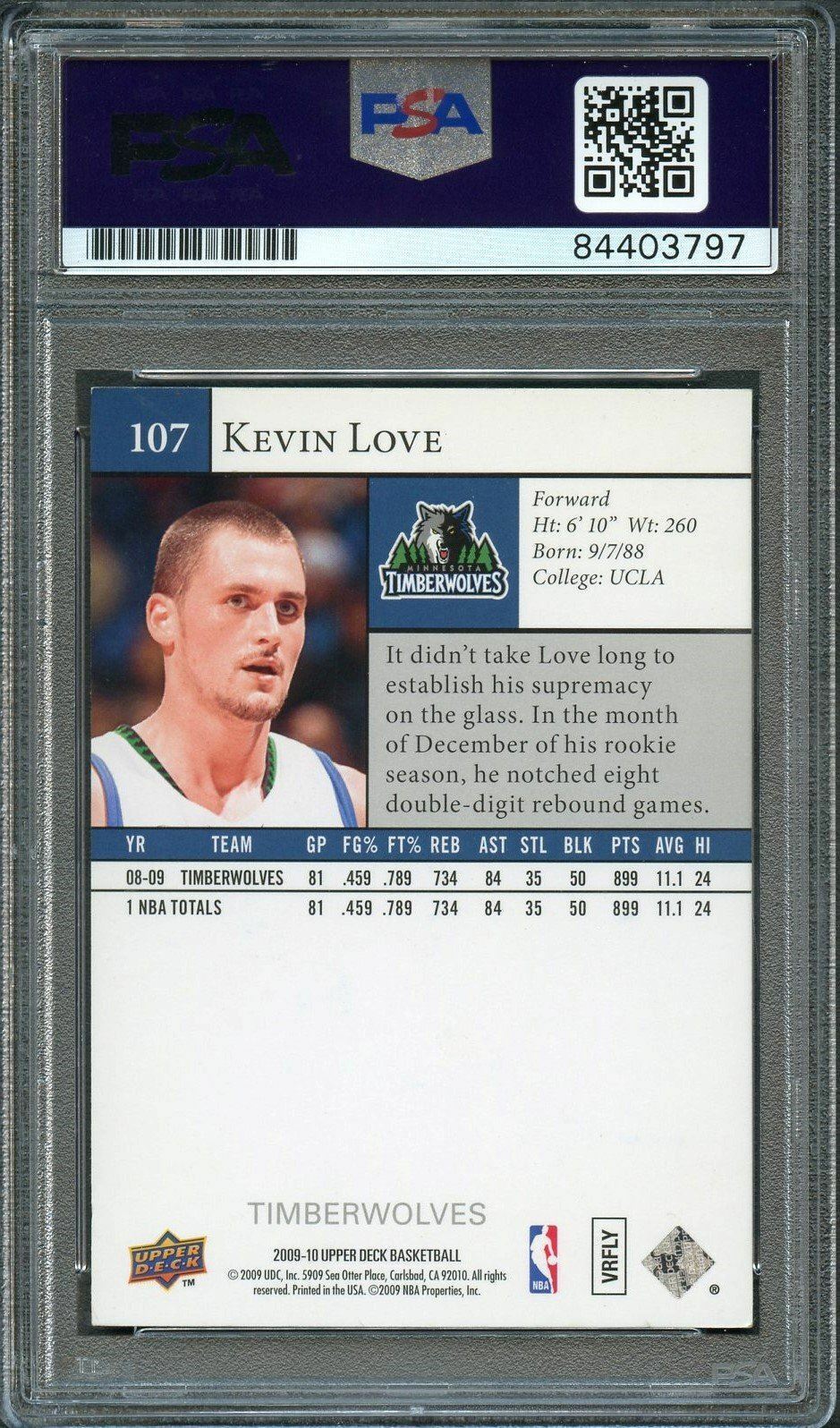 2009-10 Upper Deck #107 Kevin Love Signed Card AUTO PSA Slabbed Timberwolves
