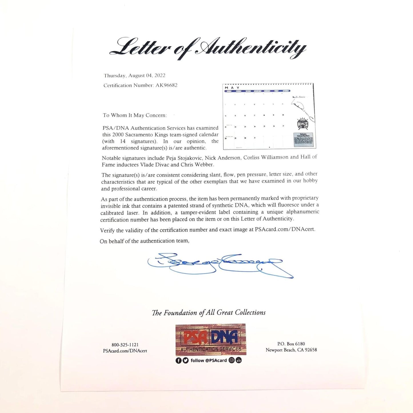 2000 Sacramento Kings Signed Calendar PSA/DNA Autographed