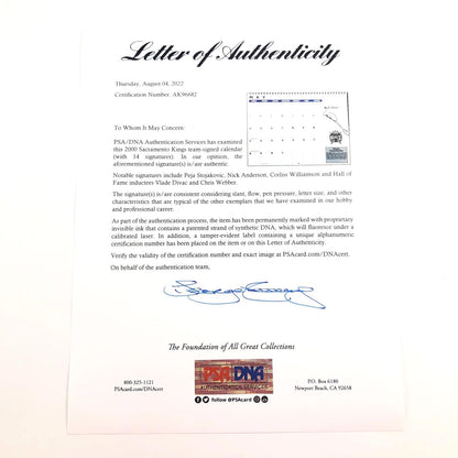 2000 Sacramento Kings Signed Calendar PSA/DNA Autographed