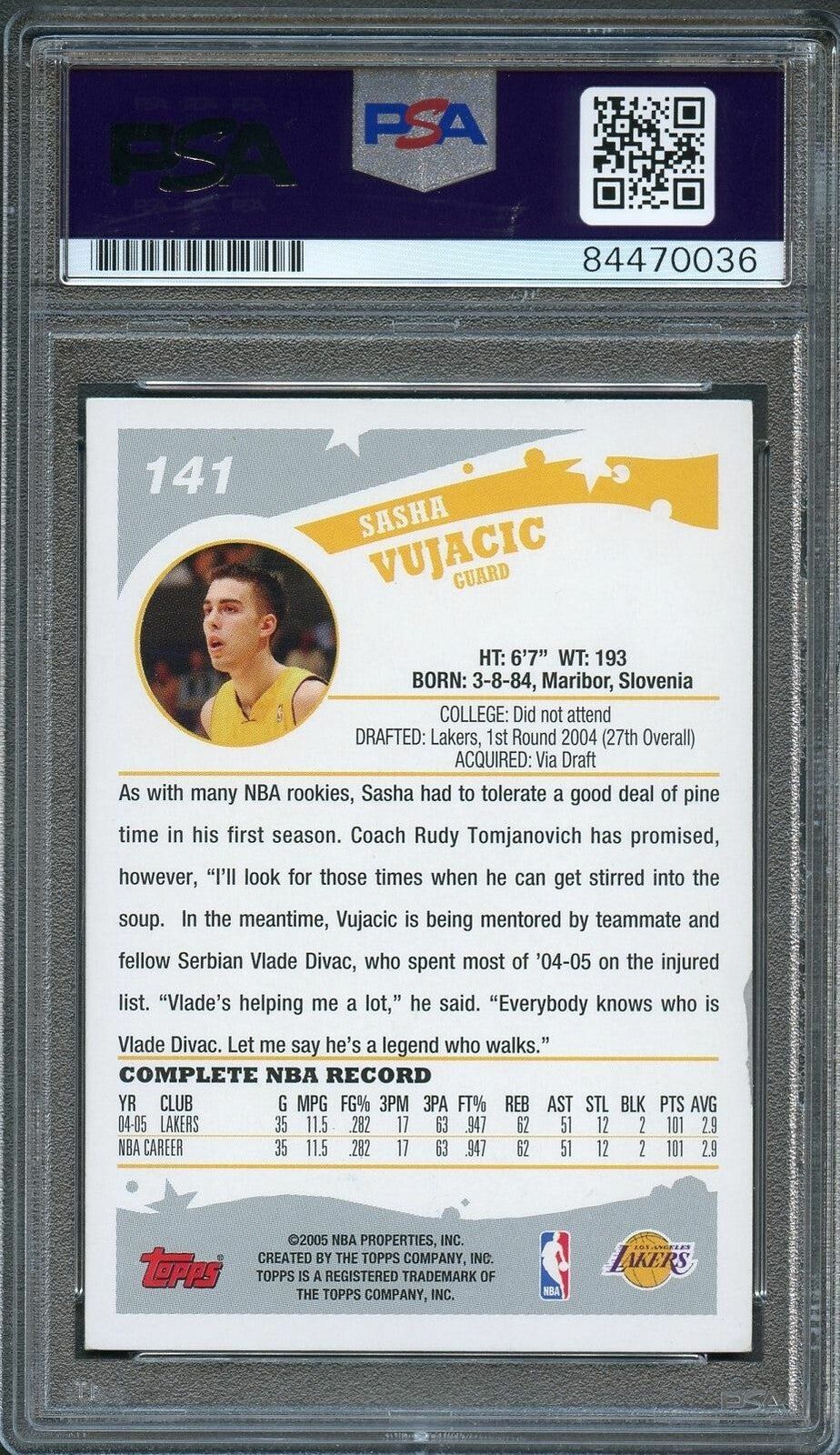 2005-06 Topps #141 Sasha Vujacic Signed Card AUTO PSA Slabbed Lakers