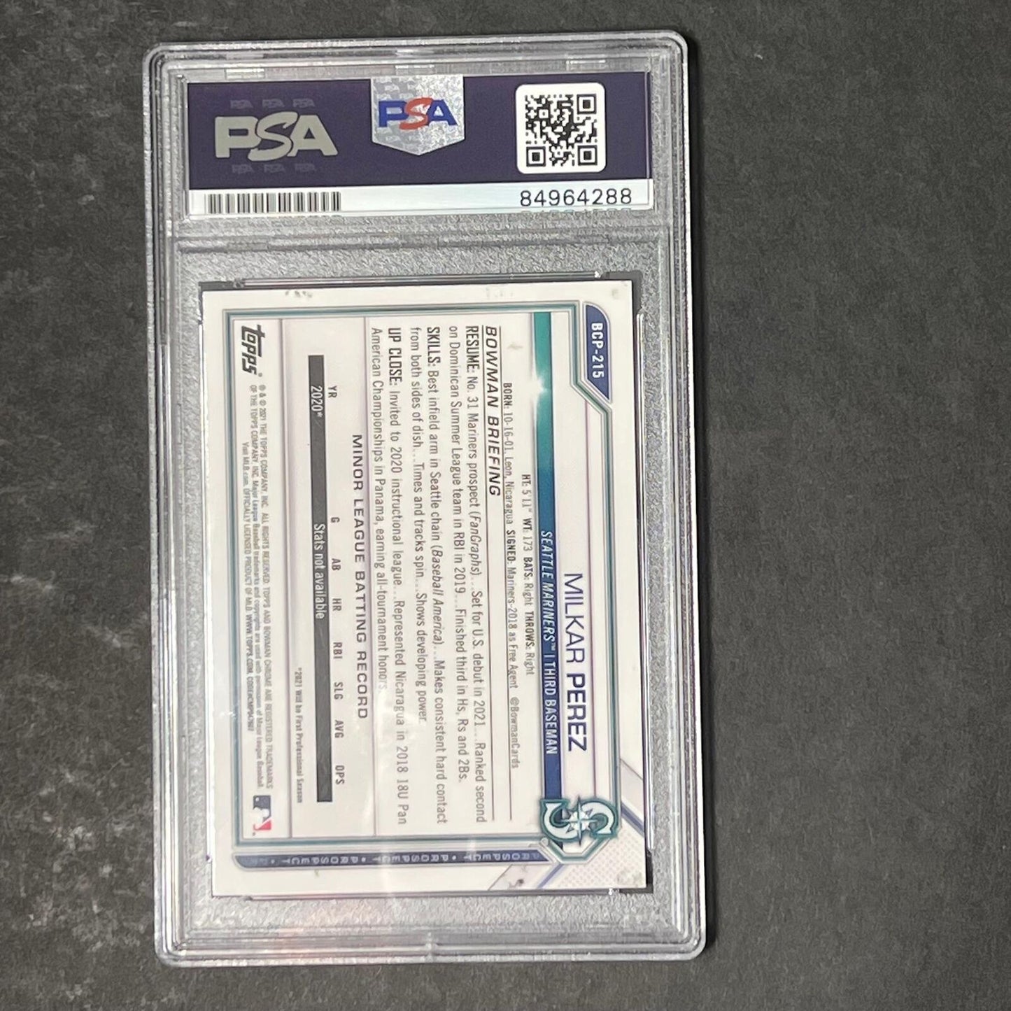 2021 Bowman Chrome #BCP-215 Milkar Perez Signed Card PSA Slabbed Auto Mariners
