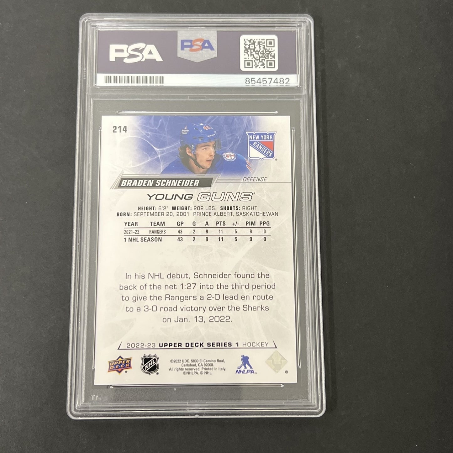 2022-23 Upper Deck Series 1 Young Guns #214 Braden Schneider signed PSA Auto 10