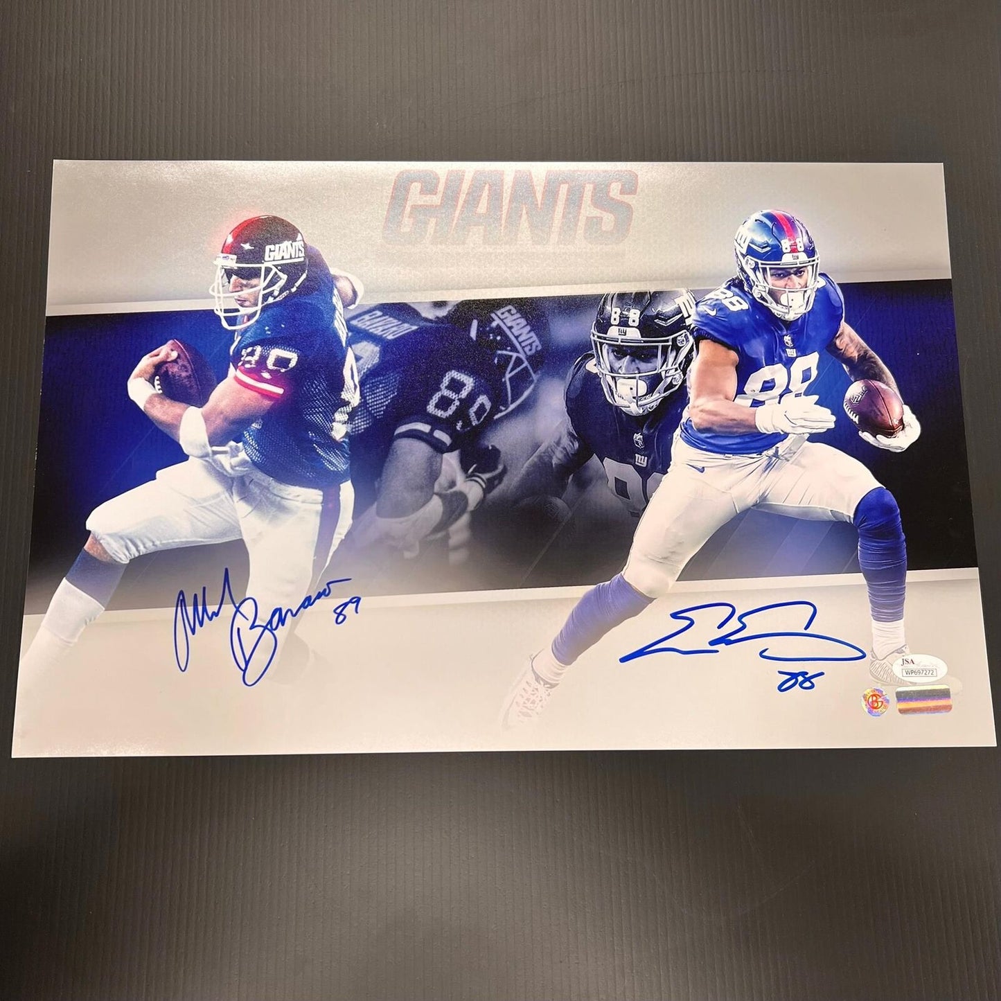 Evan Engram Mark Bavaro Signed 12x18 photo JSA New York Giants Autographed