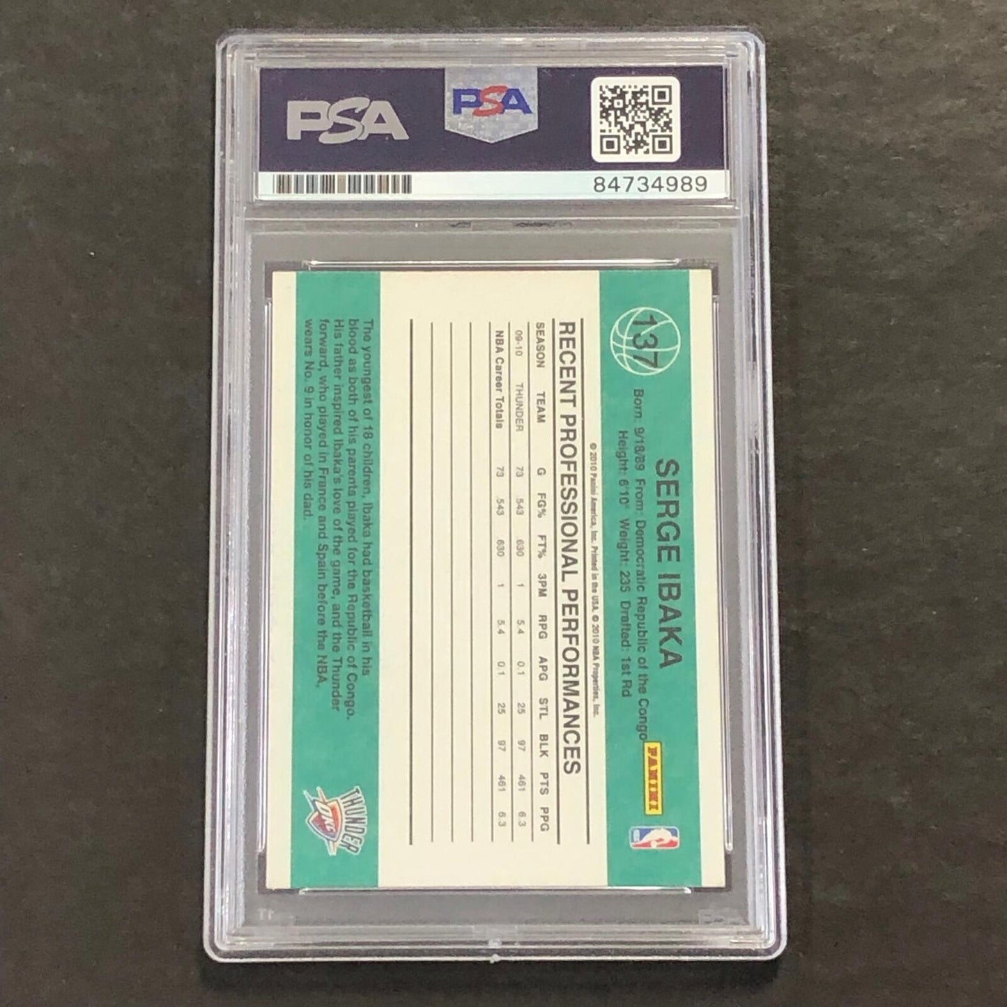 2010-11 Panini Donruss #137 Serge Ibaka Signed Card AUTO PSA Slabbed Thunder