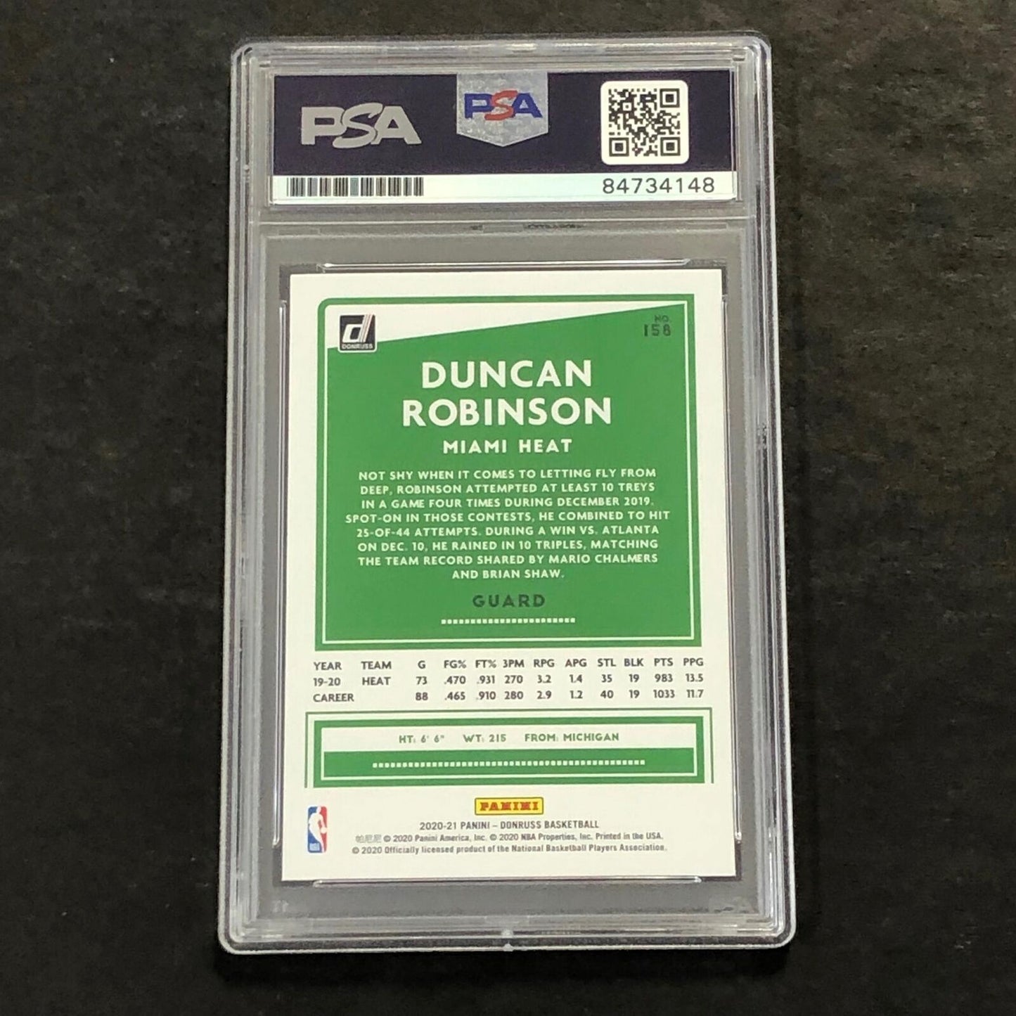 2020-21 Donruss #158 Duncan Robinson Signed Card AUTO 10 PSA Slabbed Heat