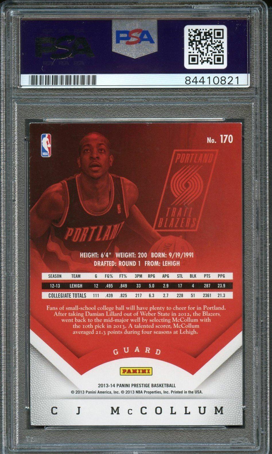 2013-14 Panini Prestige #170 CJ McCollum Signed Card AUTO 10 PSA Slabbed RC Blaz