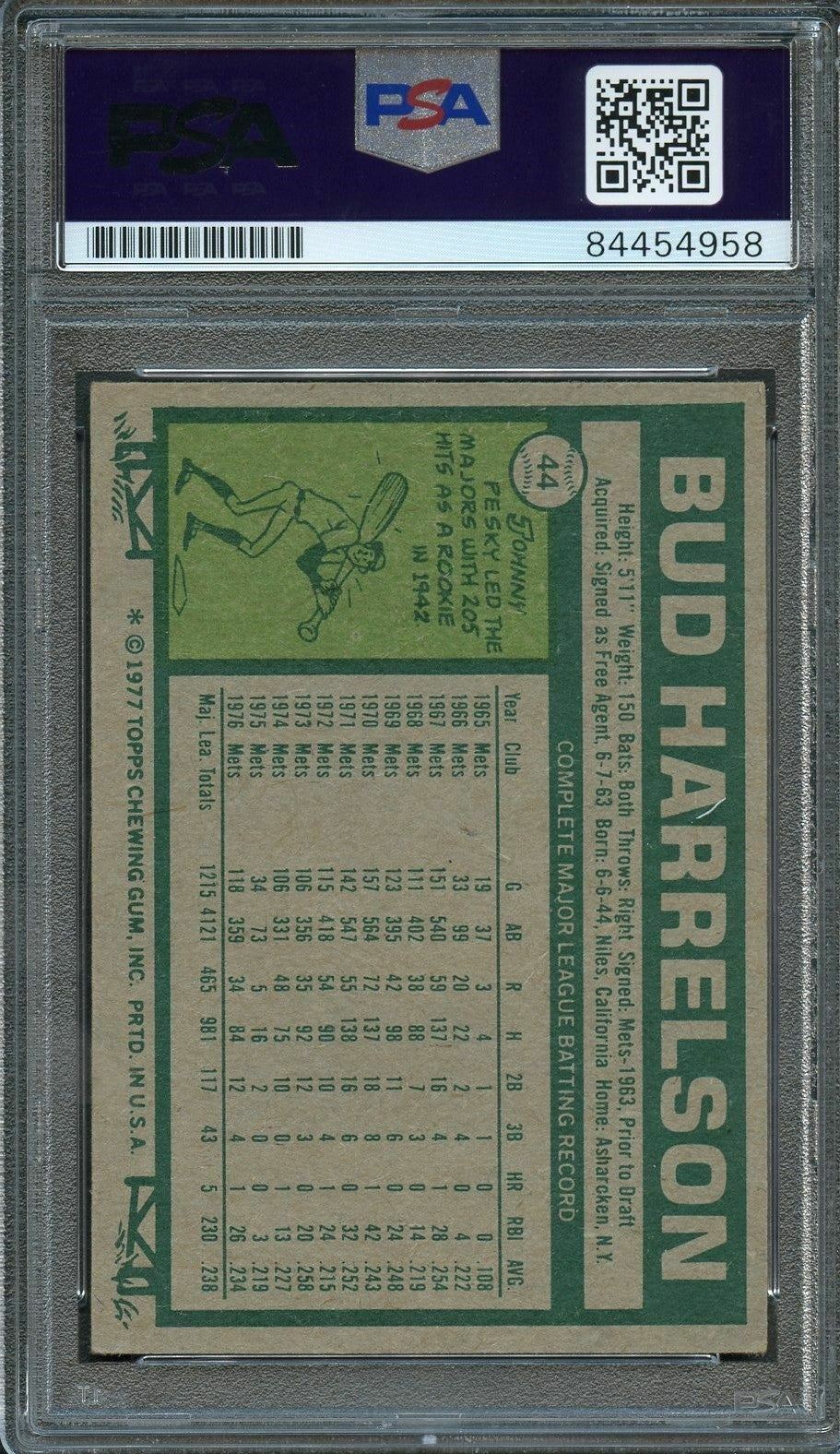 1977 Topps #44 Bud Harrelson Signed Card PSA Slabbed Auto Mets