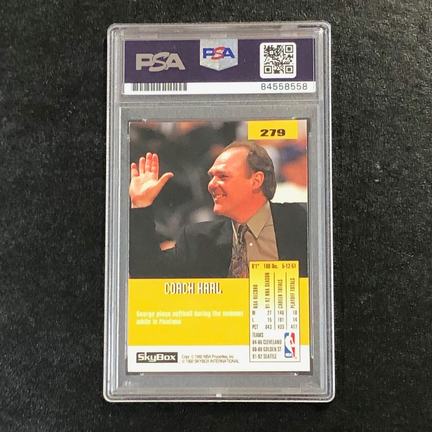 1992-93 SKYBOX #279 George Karl Signed AUTO PSA Slabbed Supersonics