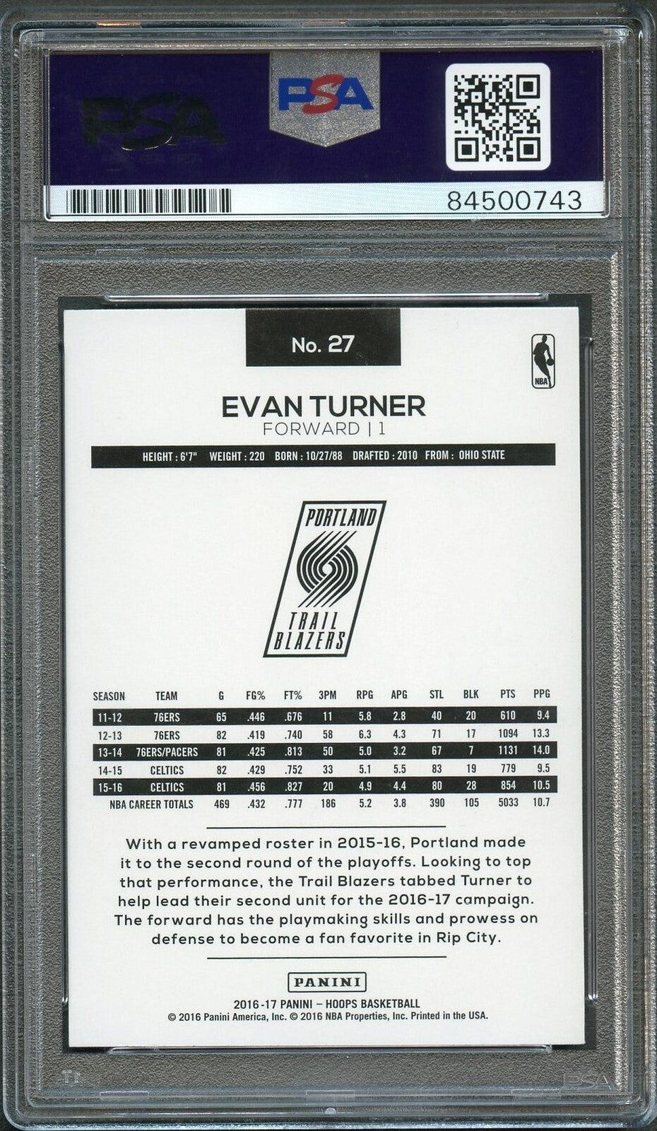 2016-17 NBA Hoops #27 Evan Turner Signed Card AUTO 10 PSA Slabbed Trailblazers