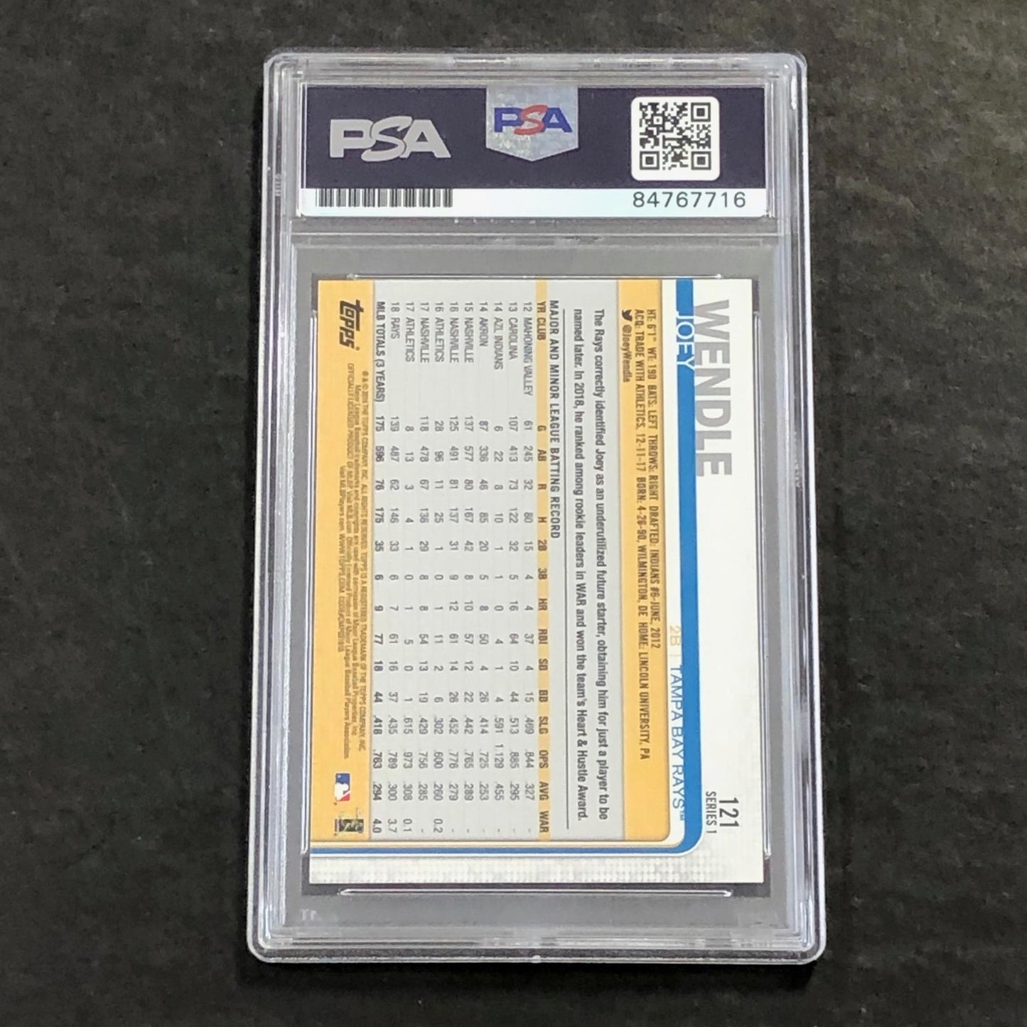 2019 Topps #161 Joey Wendle Signed Card AUTO PSA/DNA Slabbed Rays
