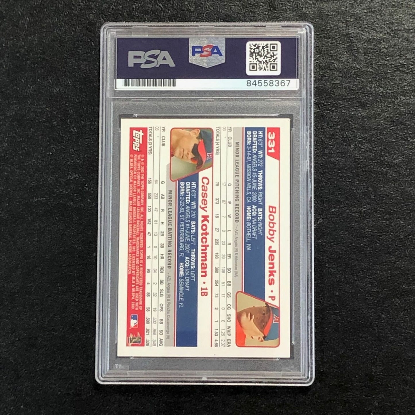 2004 Topps #331 BOBBY JENKS & CASEY KOTCHMAN Dual Signed Card PSA Slabbed Auto A