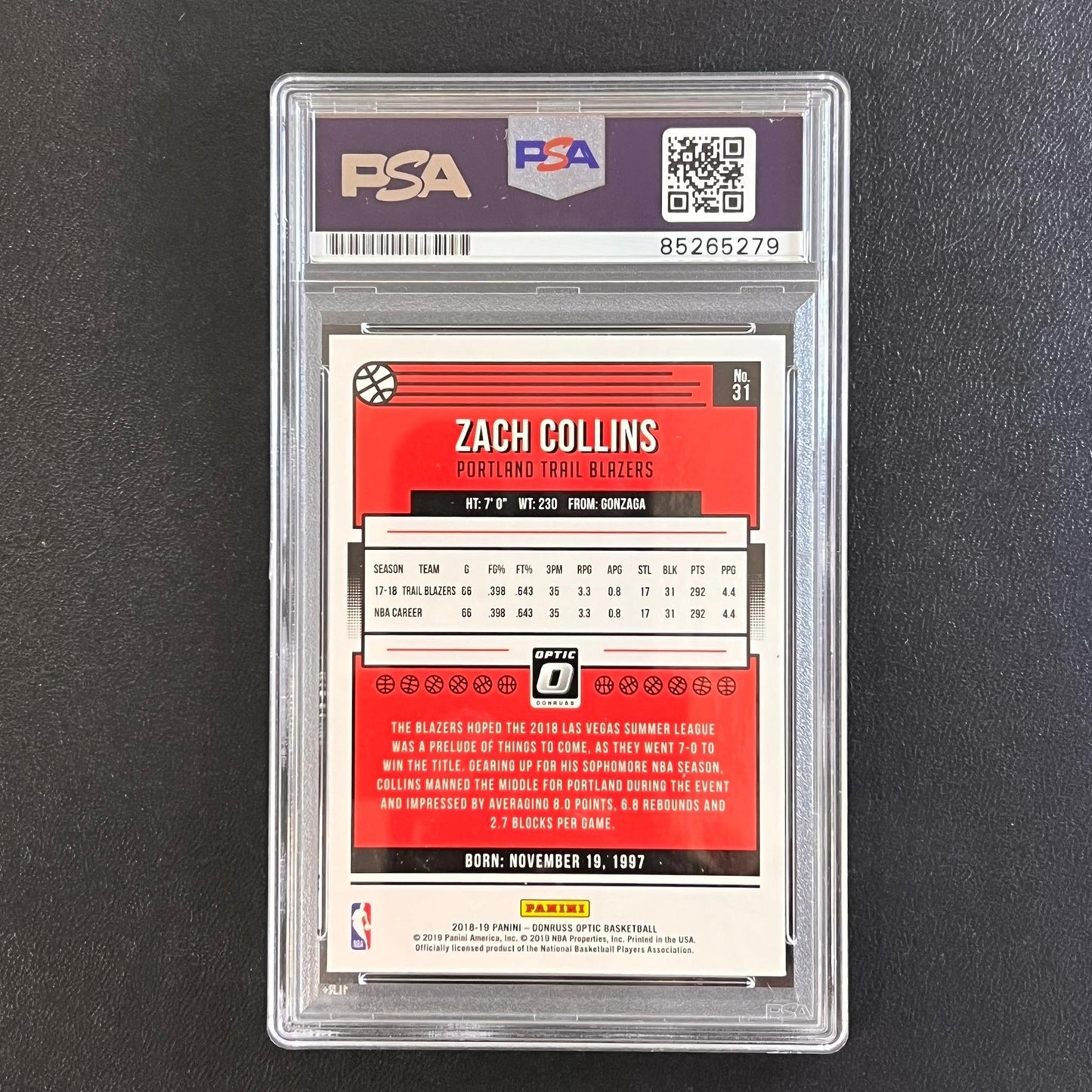 2018-19 Panini Donruss Optic #31 ZACH COLLINS Signed Card AUTO PSA Slabbed Blaze