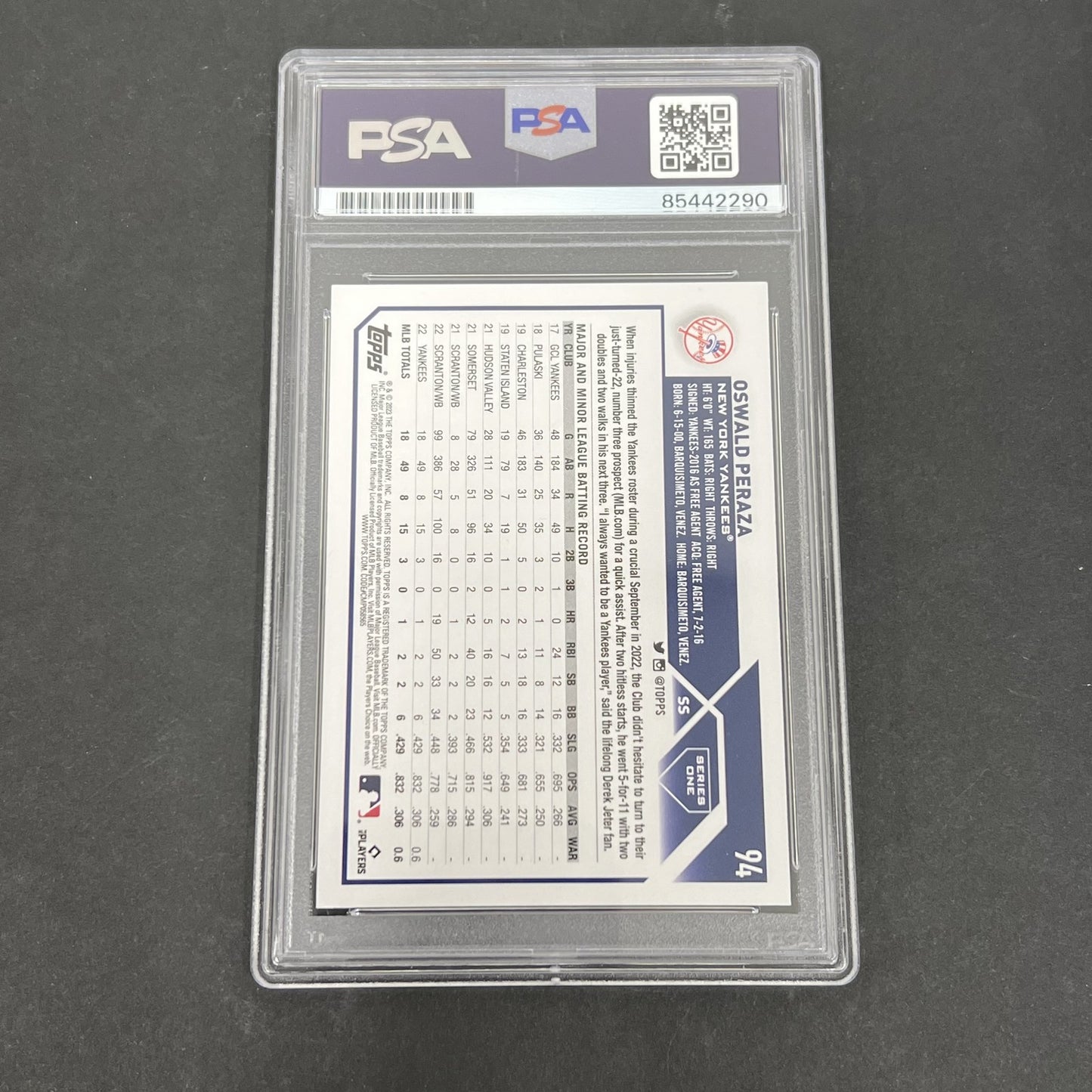 2023 Topps #94 Oswald Peraza Rookie signed card PSA Auto 10