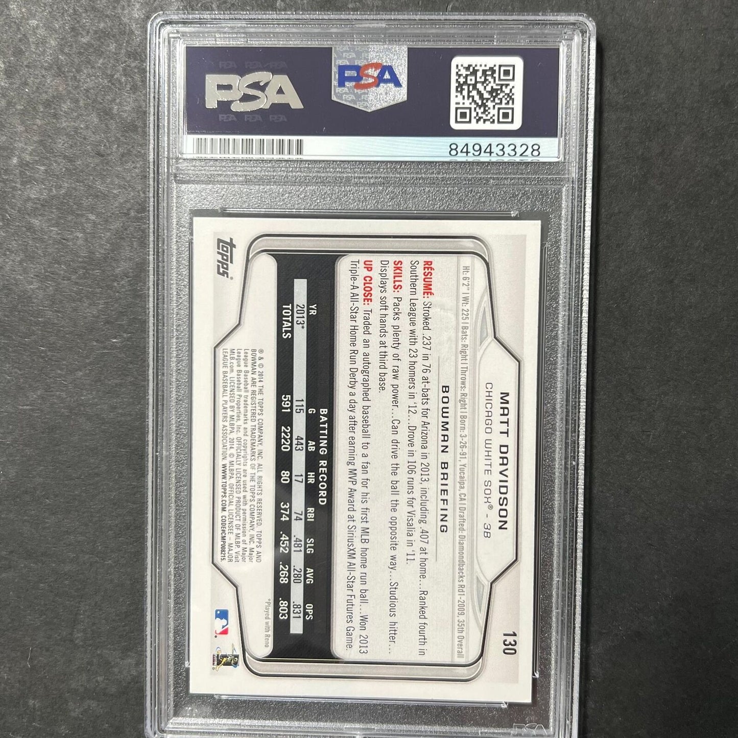 2014 Topps Bowman #130 Matt Davidson Signed Card Auto PSA Slabbed White Sox