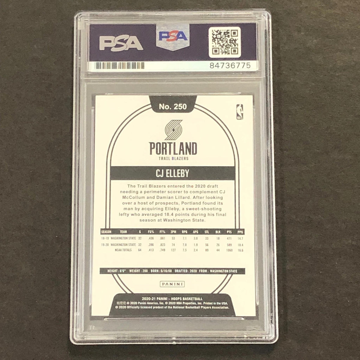 2020-21 NBA Hoops #250 CJ ELLEBY Signed Card AUTO PSA Slabbed RC Trail Blazers