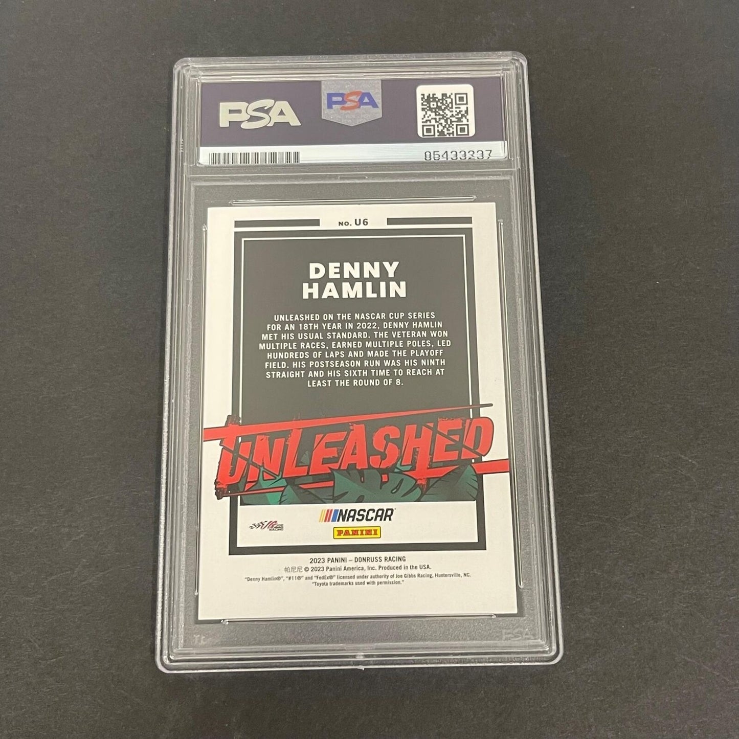 2023 Panini Donruss Racing Unleashed #U6 Denny Hamlin Signed Card PSA Slabbed Na