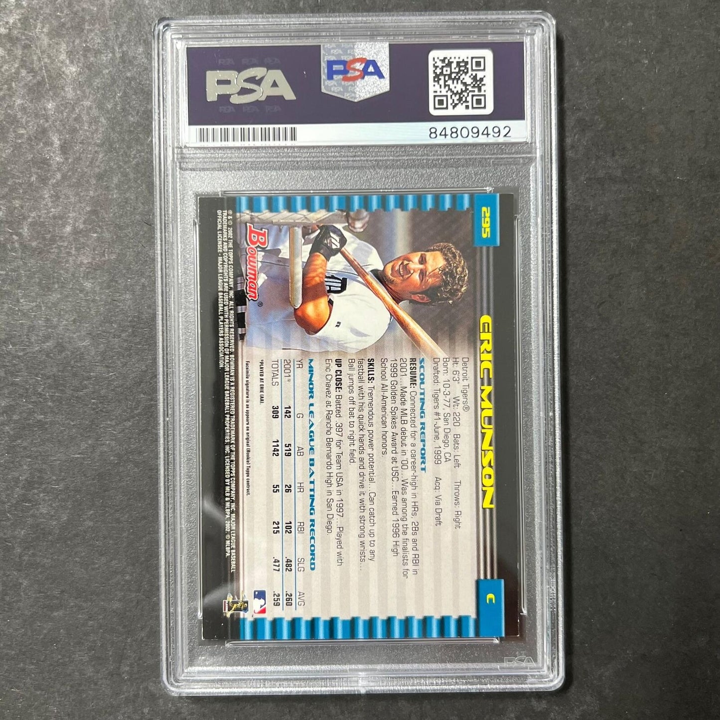 2001 Bowman #295 Eric Munson  Signed Card PSA Slabbed Auto Tigers